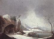A winter landscpae with travellers gathered aroubnd a fire in a grotto,overlooding a lake,a monastery beyond unknow artist